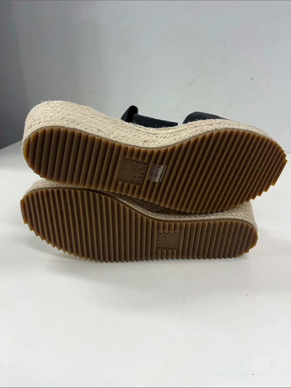 New Eileen Fisher Willow Espadrille Wedge Sandal in Black Leather Size 9